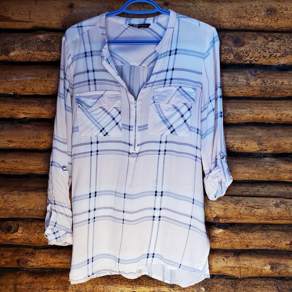 BB Collection Plaid White Pink Zip Blouse in Sz Small